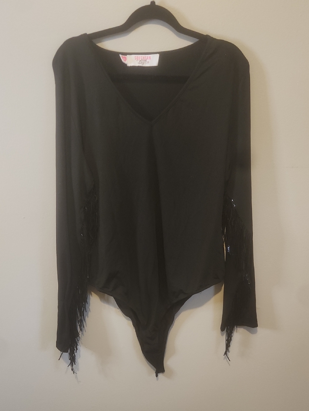 Black Long-Sleeve Fringe V-Neck Bodysuit